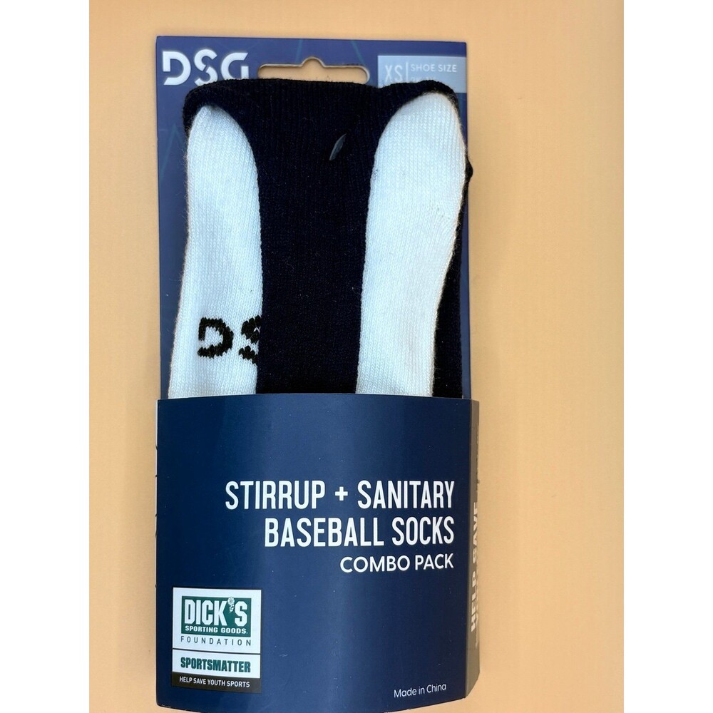 DSG 'STIRUP + SANITARY' BOYS XSMALL‎ 9K-1Y’ WHITE AND NAVY BASEBALL SOCKS